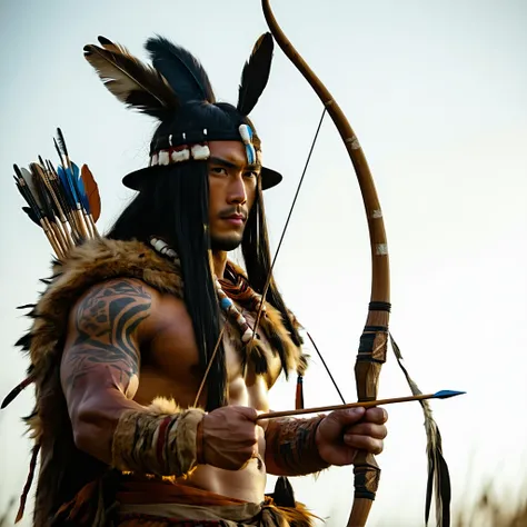 Native Man with Bow and Arrow Anime Character Ranger ,man,d&d,Archery,Fantasy,cool,halfling black hair ,  face up, Fur dress, Silhouette,  3D Rendering,Animal Bone Set , Mowkley, Animal Bone Hat ,Tattoos,Wild Animal Duet ,man,