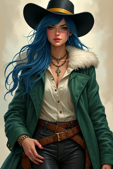  I would like a tanned woman with long blue hair , bang, and strands , framing her face. She wears light makeup, has brown eyes, necklace,  black cowboy hat with yellow ribbon ,  green coat with white fur on the collar ,  shirt underneath ,  buckle belt , ...