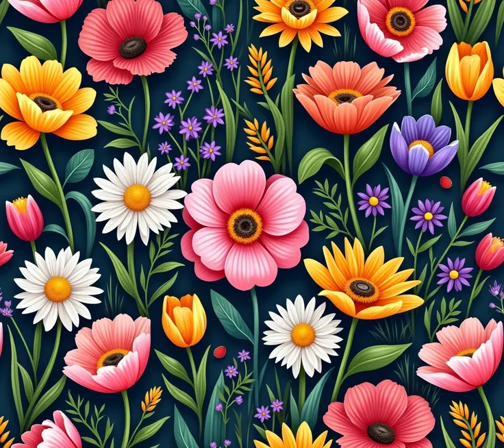 A vibrant floral pattern featuring a variety of colorful flowers, including daisies, tulips, and poppies, against a dark background. The arrangement showcases a mix of pink, yellow, orange, purple, and white blossoms, along with lush green leaves, creating...