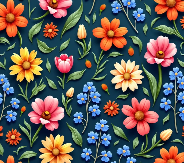 A vibrant floral pattern featuring a variety of blossoms, including yellow daisies, pink tulips, blue petals, and orange flowers, against a dark navy background. The composition showcases a rich diversity of colors and shapes, creating a lush, garden-like ...