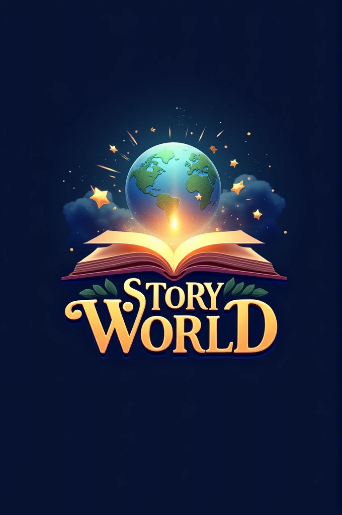 "Design a captivating logo for a brand called Story World, a platform dedicated to storytelling, creativity, and imagination. The logo should combine elements of an open book, a glowing globe, and a whimsical touch, representing the limitless worlds create...