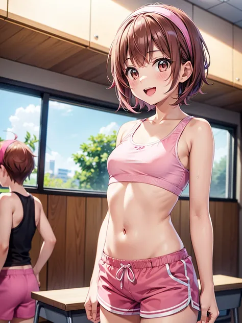 4K quality,cute, brown eyes,  brown hair ,20-year-old woman,Alone,  small breasts,  pink sports bra ,  pink shorts, wear a pink hair band on your head,  short hair,Open mouth smiling,  Blurry Background,Midday office district ,