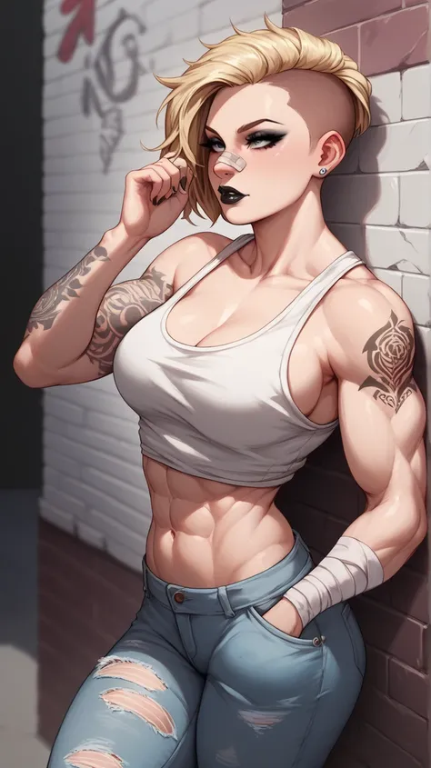 A mean looking woman with blonde undercut hair, wearing a white tank top and ripped jeans, tattoo on arm, bandage on nose, black makeup, black lips, muscular, leaning against the wall in the alleyway, hands inside pockets. 