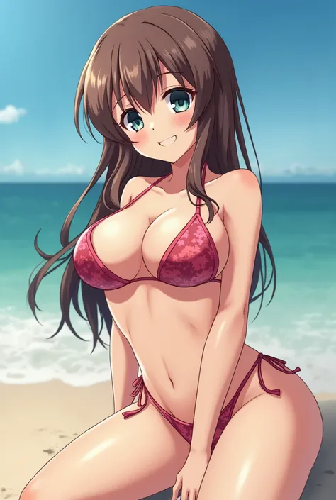 Small youmg anime girl, wearing a tiny bikini, barely covering herself, in a hot position