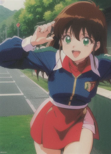 Asusdol,  1 girl, Alone, heart,  hair ornament,emerald green eyes,  short jacket,  dress, open mouth, 1990s ( style for stilets), looking at viewer, smile,  outdoor, null,  Cowboy Shot ,  clevis cut out,  race queen 、lean forward