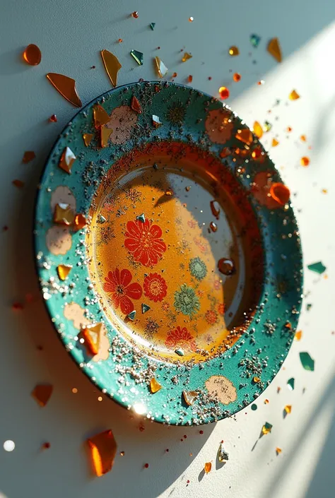 Ultra-realistic. Cinema 4D rendering. Ceramics. The result of dropping a large ceramic Vietri Venezia Murano Burano glass plate against a wall. Cinematic lighting.