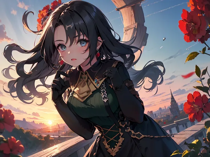 (solo:2), (girl, human ears:2), (leaning forward to accentuate upper body:2), (gentle gaze:2), (long black hair:2), (teardrop-shaped earrings:2), (gorgeous blue high-necked collared dress, opera gloves:2), (surrounded by lots of red flowers:2), (sunset sky...