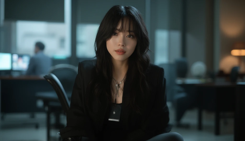 a beautiful Korean woman, a sweet Kpop idol wearing black office clothes, is sitting on a chair in the office, and she is wearing an ID card tied around her neck, the room is a bit dark,