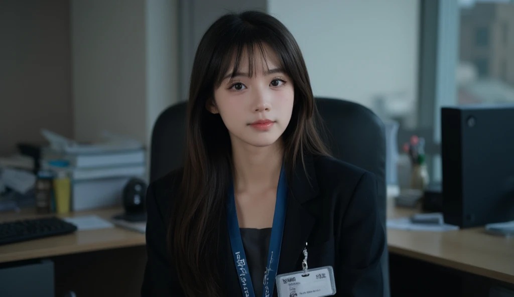 a beautiful Korean woman, a sweet Kpop idol wearing black office clothes, is sitting on a chair in the office, and she is wearing an ID card tied around her neck, the room is a bit dark,