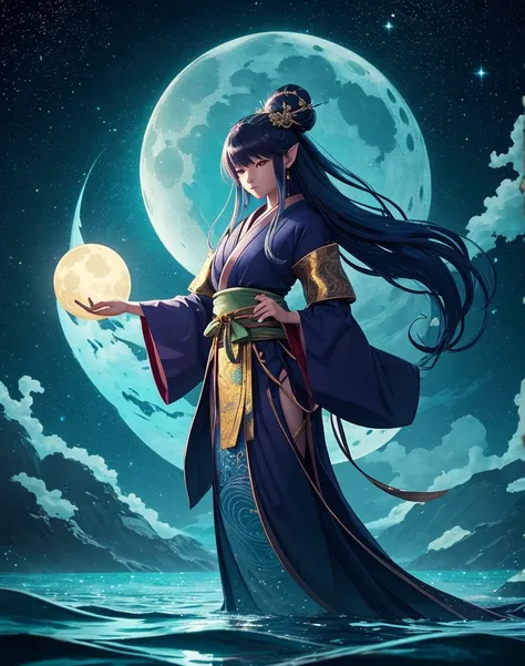 A mystical Japanese yokai called "Amabie," depicted as a beautiful and otherworldly creature standing in shallow water under a starry night sky. The creature has a humanoid face, flowing long hair, and a scaled body with three fish-like tails. Its large, e...