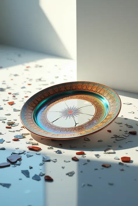 Ultra-realistic. Cinema 4D rendering. Ceramics. The result of dropping a large ceramic Vietri Venezia Murano Burano glass plate on the floor. Cinematic lighting.