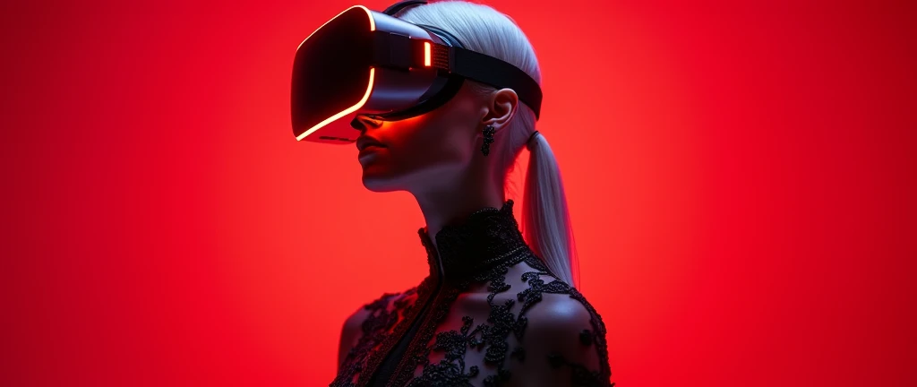 The unbeatable  cell phone wallpaper, Award-Winning Wallpaper, portrait photography, In the front view is a portrait of a beautiful dystopian baroque age   albino ultra white skin young woman  wearing a cutting edge  and stunning glowing  vr headset and a ...