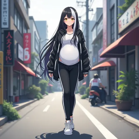  girl anime,  black and white hoodie  ,  black and white thin pants  ,  white sneakers  ,  walking around Tokyo,  thin hair , Anime style,  high definition ,  yellow eyes ,  long hair,big breasts, Очень  big breasts ,  very big belly ,  hyperpregnant girl ...