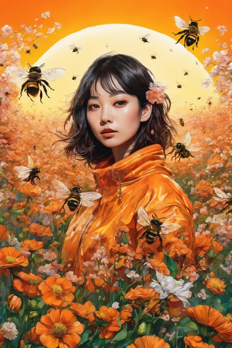 color art of a b-girl standing in a flower field and a murderous bee flying around, Artwork” , Artwork”, Art Cover,  psychedelic hip-hop album jacket、In the flower field, perfect artwork, Painting　 big bees are flying around , Flower , 芸術家の壮大なPainting、   s...