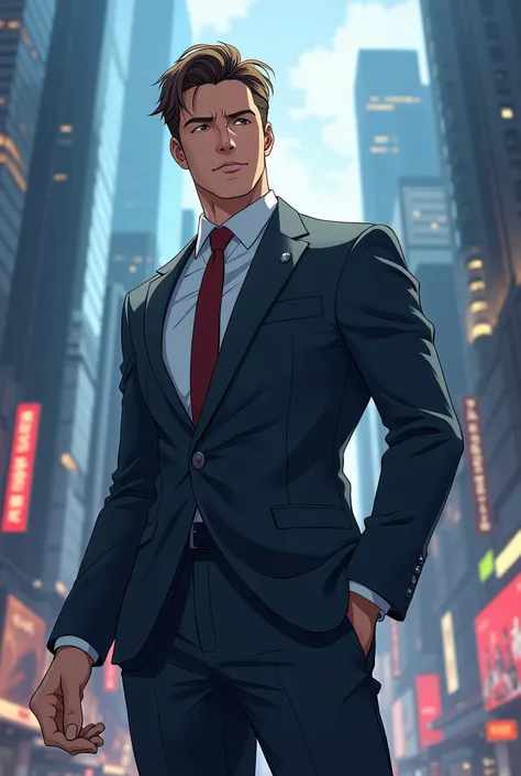 /imagine a handsome businessman standing confidently in a modern city, skyscrapers, sharp suit, dramatic lighting, anime style --ar 9:16