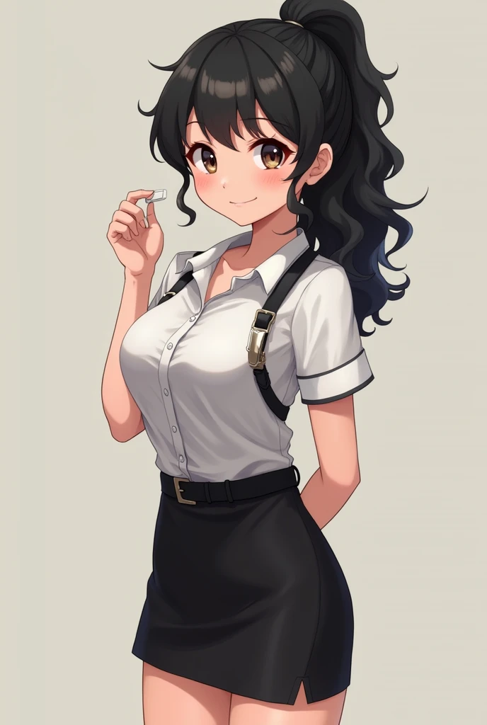 Short skinny waitress with curly black hair in pony tail realistic wearing black mini skirt