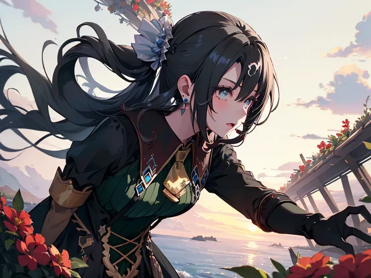 (solo:2), (girl, human ears:2), (leaning forward to accentuate upper body:2), (gentle gaze:2), (long black hair:2), (teardrop-shaped earrings:2), (gorgeous blue high-necked collared dress, opera gloves:2), (surrounded by lots of red flowers:2), (sunset sky...