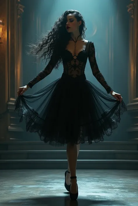 a beautiful Victorian gothic ballerina with a  black goth lace tutu and with long black curly hair,  dramatic make up, very sexy, full body, dancing on stage