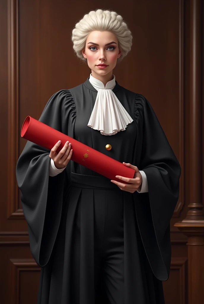 A female lawyer wearing the lawyers traditional wig and gown holding a red certificate scroll