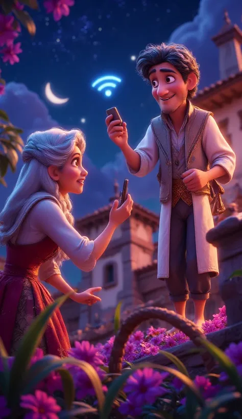 
"An animated scene of a molvi standing on a rooftop holding a smartphone, looking up at the sky with a confused expression. His wife is standing downstairs, looking up at him with her hands on her hips and an annoyed expression. The background shows a cre...