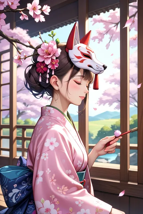 Masterpiece, best quality, very detailed,(one girl, wearing a traditional floral-patterned kimono sitting gracefully), (view from side, upper body shot, capturing her serene posture and delicate features), (background: a tranquil scene under cherry blossom...