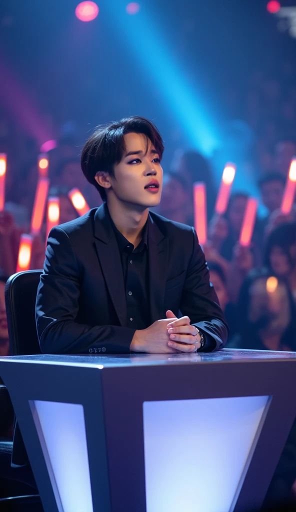 BTS as judges, focusing on BTS member jimin. Jimin is seated at a sleek, illuminated judges table wearing a stylish black suit. Show Jimin reacting with wide, astonished eyes, leaning forward in his seat, and clapping slowly in disbelief. Add vibrant stage...