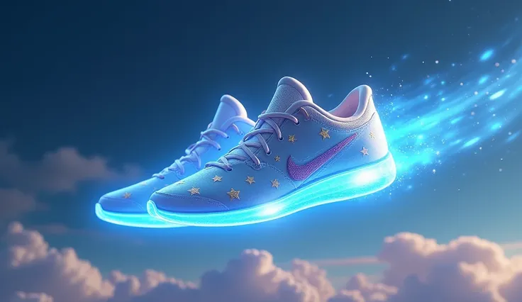 o Bright blue ,  a gorgeous pair of flying shoes with a gold star pattern,  shines through the air . Draw in animation style but realistic.