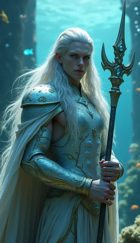 Atlantis
"Depict an ultra-realistic 8K image of an Atlantean king. The male figure has pale, almost translucent skin with aquamarine eyes and flowing silver hair. He wears an armored robe that glimmers like polished seashells, embedded with blue crystals r...