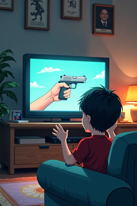 An anime-style hardback illustration of a young boy who watches television sitting on a sofa with his hands in the air because a hand comes out of the TV pointing a gun at him