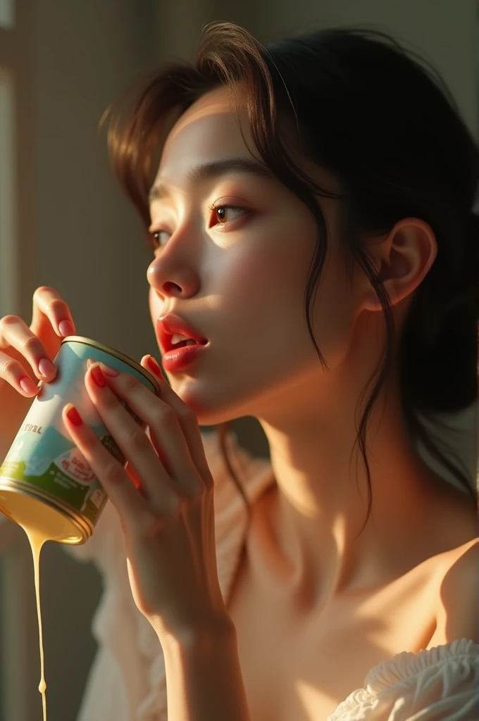 Seductive girl pouring condensed milk in her mouth 