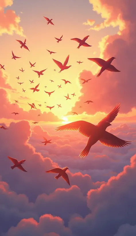 A flock of colorful birds flying at sunrise, their wings glowing in the soft golden light.