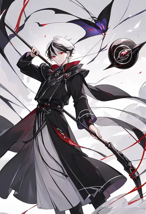 Handsome, solo, 1 male, solo, male, red eyes, short hair, black and white hair, warlock, staff, black robe