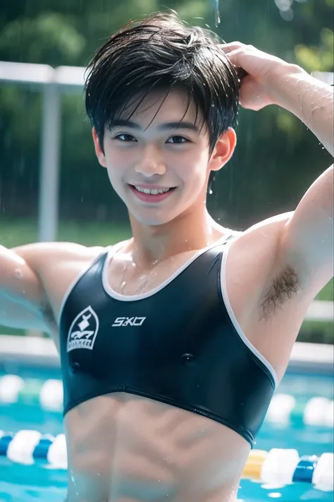   boys, Swimming Club, Armpit hair, smile, rain, sweat