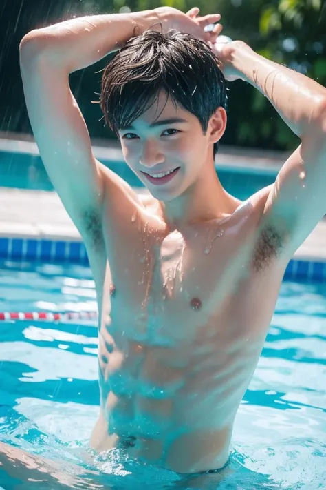   boys, Swimming Club, Armpit hair, smile, rain, sweat