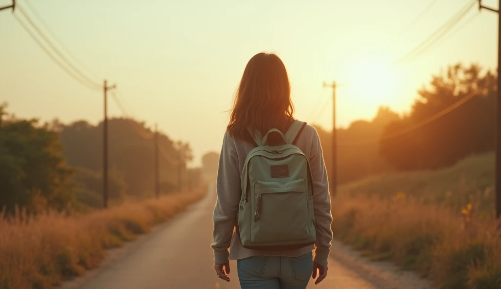  A woman with an empty backpack on her back , heading towards an uncertain future ,  symbolizing the lightness of someone who let go of the past.