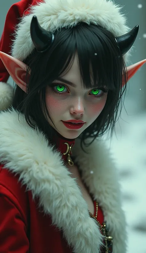 A real picture of Pre noel with green eyes looking like devil in white and red Christmas clothes, 