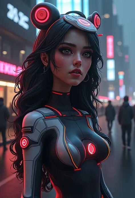 The image is a digital illustration of a futuristic woman with long dark hair. She is wearing a futuristic suit with red and white accents. The suit has a large headpiece with a circular design in the center. The womans hair is styled in loose waves and fa...