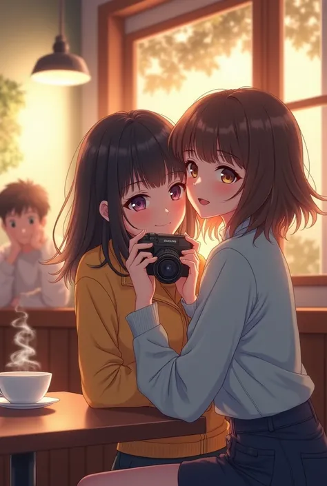 2 women hugging each other, holding a camera 
Looking ahead, in a cafe
ANIME