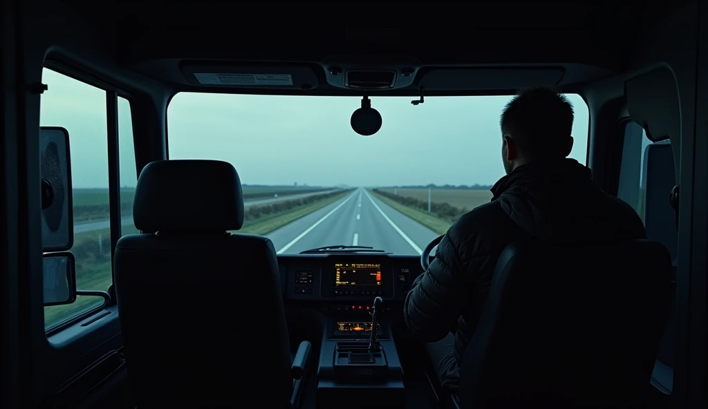 FIRST-PERSON VIEW FROM INSIDE THE TRUCK CAB,  from the dark of the cabin  . In front you can see the empty road , THERE IS NO TRAFFIC OR LIGHTS ON THE ROAD.  View from inside the cabin of a large transport truck,La imagen es ultra detallada y photorealisti...