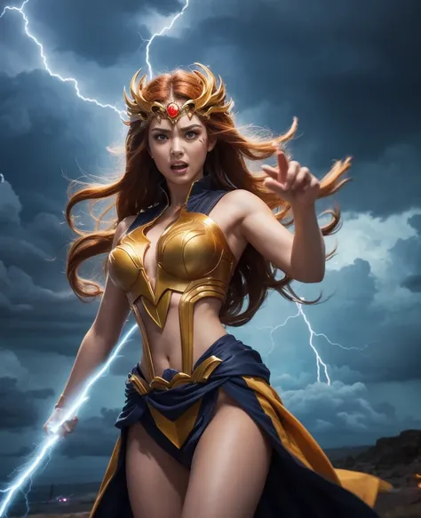 "Hera with a furious expression, standing under a stormy sky, lightning bolts striking in the background, exuding an aura of anger and power."

