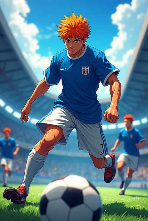 Make ichigo kurosaki as a footballer in blue lock manga style 