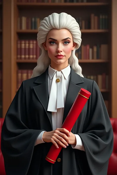 A female lawyer wearing the white traditional lawyer wig and black gown holding a red certificate scroll