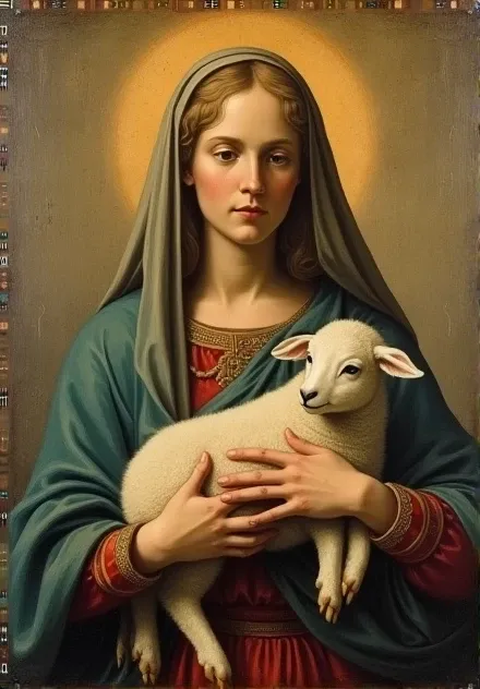  Very old panel painting by Jeronimus Boss。Oil painting。 Blessed Saint Agnes holding a lamb。子羊を抱いている。Halo。 is very faded。Finely cracked 