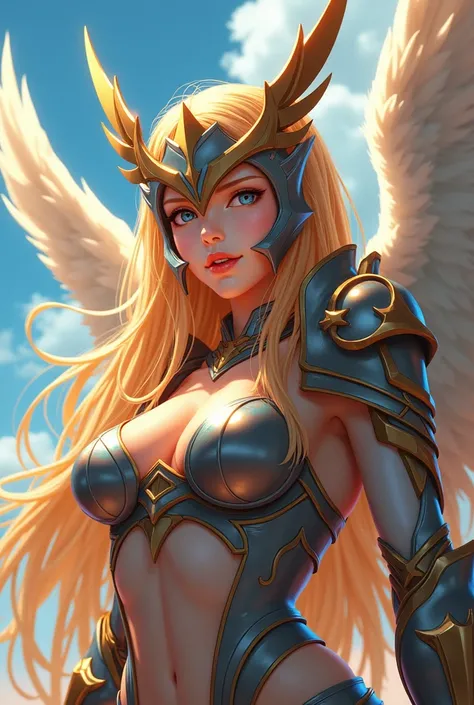 Very detailed、highest quality、Best image quality、masterpiece、8k、Angelwomon、Anime Face、Winged Helmet、(Covered Eyes:1.3)、Open Mouth、(Blonde long hair)、(SFW Giant)、Cowboy Shot、(Big Breasts:1.5)