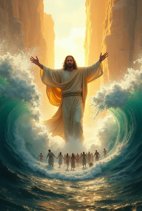 Ultra realistic Jesus Jesus opening the sea with a lot of power and glory clear setting illuminated environment with many details power lights a crowd crossing in the middle of a walk 