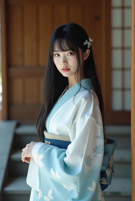 live-action、 real、A very beautiful Japanese woman wearing a white and blue Japanese kimono、 black hair、 shortcuts、Bangs、bangs、ヘアピンでbangsを留める、Standing on the stairs、Eliza Ikeda、
