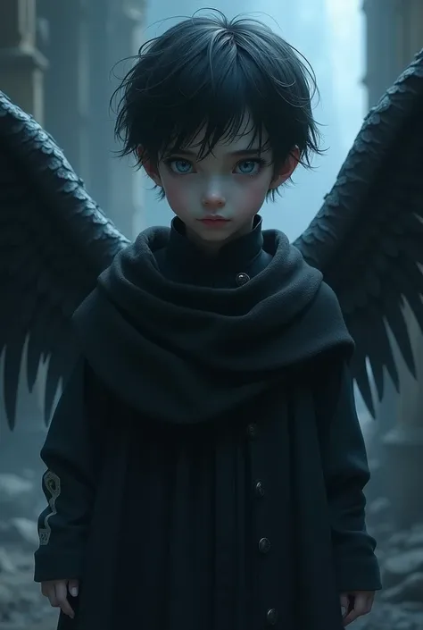 A young angel boy "" with black hair, blue eyes and dark outfit in overall