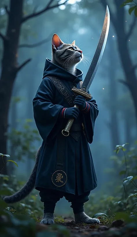 cat, wearing a Japanese ninja costume ,Has a big sword,wilderness,Gazing at the starry sky,knight, knight, Angle from Below ,