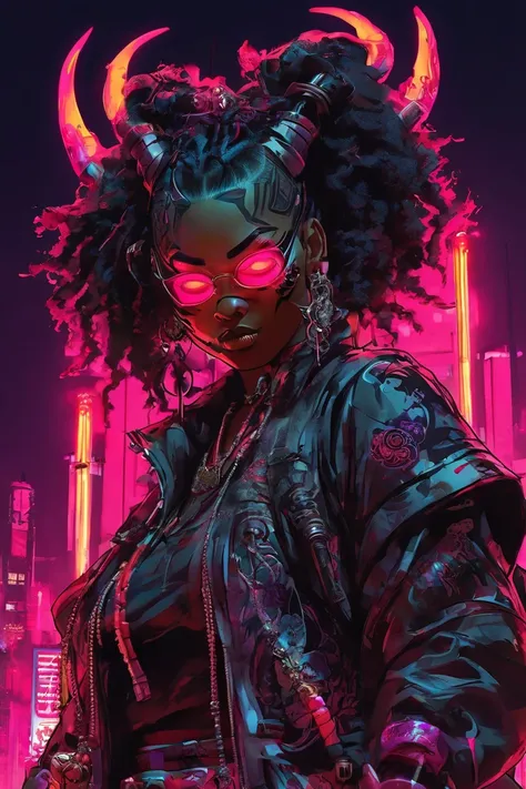   anime style illustration of a demon woman with a sword and demon mask, Urban Warrior , Demon Samurai,   Cyberpunk Samurai  , very beautiful   Cyberpunk Samurai  , grim Reaper, Street Samurai ,   afro samurai anime style  ,  Tyler Jacobson style  ,   mode...