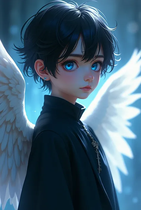 A young angel boy "" with black hair, blue eyes , white wings and dark outfit in overall